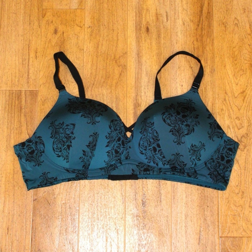 Torrid Curve Bra Womens 44C Teal Black Skull Damask Smoothing Wire Free